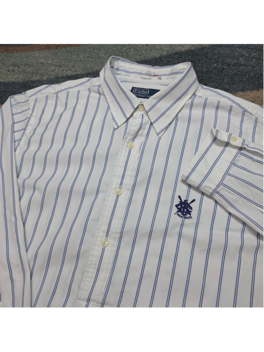 Polo Ralph Lauren Mens XL Blue White Stripe Oxford Shirt Crest Logo Baseball